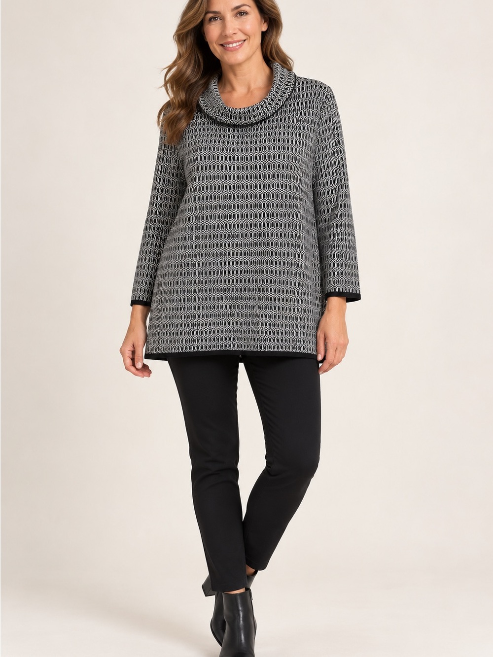 Talbots Pure Merino Wool Black White Geometric Cowl Neck Tunic Sweater XL